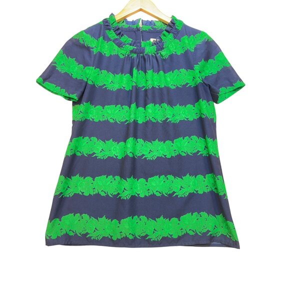J.Crew Silk Ruffle Blouse Top in Beanstalk Stripe Womens Size 0 Navy Green Retro - Picture 2 of 11